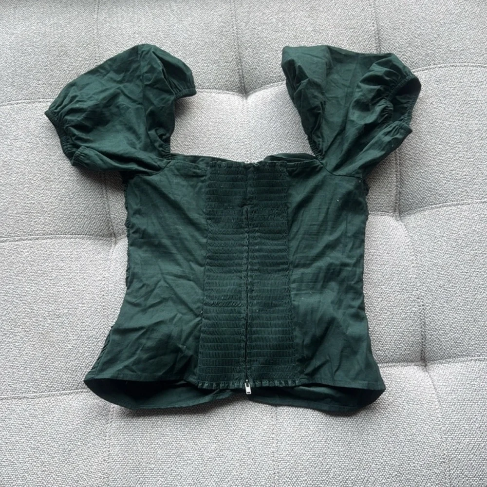 Reformation Radish Top in Forest Green Ruched Puff Sleeve Smocked Cotton Size 6 - Picture 6 of 6